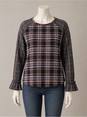 Hannah Brand Size L for Plaid Long Sleeve Top Ruffle Sleeves